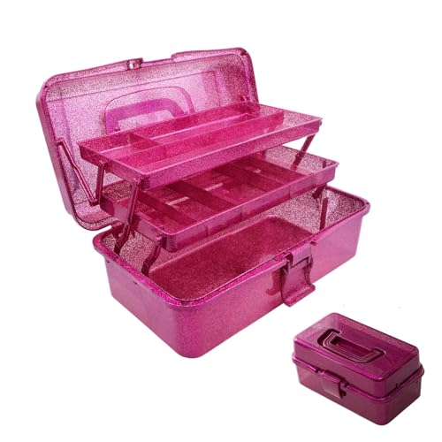 12.2inch 3-Layer Art & Craft Storage Organizer, Beautiful Sewing Supplies Case, Plastic Portable Fishing Tackle Box, for Medicine, Art Supply, Makeup, Painting Tools (Hot Pink) - color: Hot Pink