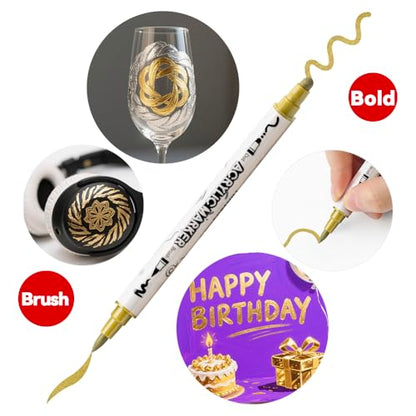 TRANSON 3 Gold, 3 Silver, 1 Black and 1 White Paint Markers Brush and Bold Dual-tip Acrylic Paint Marker Set for Rock Painting Glass Canvas Wood Leather Ceramic Painting - style: Bold and Brush 3 Gold 3 Silver 1 Black and 1 White