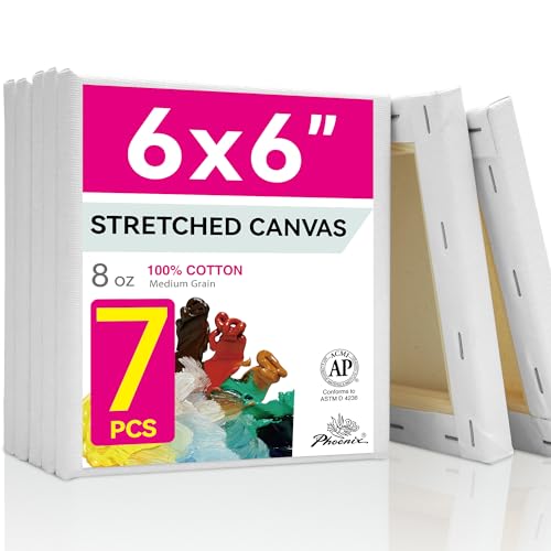 PHOENIX Small Stretched Canvas for Painting 6x6 Inch/7 Value Pack, 8 Oz Triple Primed 5/8 Inch Profile 100% Cotton White Blank Canvas, Square Framed Canvas for Oil Acrylic & Pouring Art - size: 6"x6", style: Studio Set (8 Oz.)