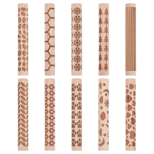UNICRAFTALE 10Pcs 10 Styles Wooden Clay Texture Rollers Set for Pottery Ceramics Potters Stamp Roller Tools Textured Rolling Pins Modeling Pattern Rollers Kit for DIY Art Supplies 4.01x0.57 inch