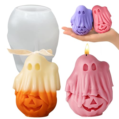 Halloween Molds, Little Ghost Stepping on Pumpkin Candle Molds | 3D Halloween Pumpkin Silicone Mold for Candle Making, Epoxy Resin Casting, Handmade Soap, DIY Crafting Gift Home Decor - color: 1PCS Ghost Pumpkin Candle Molds