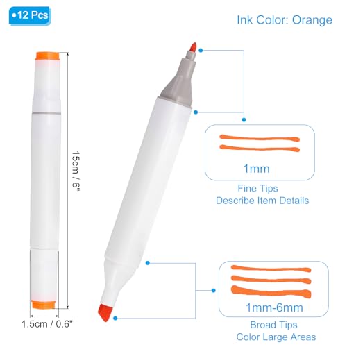 PATIKIL Dual Tip Alcohol Art Markers, 12 Pcs White Barrel Alcohol Markers with Brush Tip and Fine Tip for Illustration Artist Adult Coloring Drawing Permanent Sketching, Orange - color: Orange