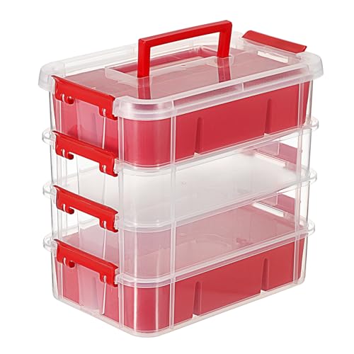 JUXYES 4-Tiers Plastic Stack Carry Storage Containers Box wih Handle Lids - color: Red