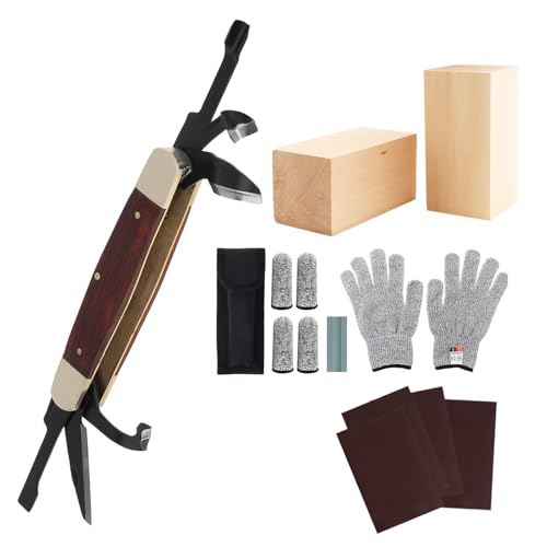 21PCS Foldable SK5 Steel Wood Carving Knife Set with Storage Bag & Gloves | SK5 high carbon steel, sharpening stone sandpaper & beech blanks, cut-resistant gloves, for DIY whittling woodworking crafts