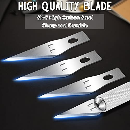 JETMORE 100 Pack Exacto Knife Blades, Hobby Knife Blades for Carving & DIY | Sharp SK5 edges come in a storage case, craft knife blades suit paper, vinyl and stencils, while hobby blades handle details - size: #11