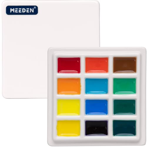 MEEDEN Ceramic Watercolor Palette with Cover: 12-Well Porcelian Mixing Tray | Artist Painting Palette with Lid, Square Painting Tray Palettes for Watercolor Gouache Acrylic Painting, 3¾" x 3¾" - size: 12-well