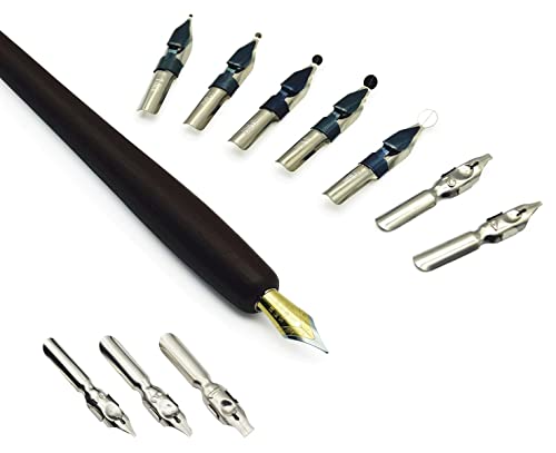 Plotube Calligraphy Pen Set, 11 Nibs, Black Ink, Pen Stand | Wooden dip pen for writing, 11 calligraphy pens nibs, 1 bottle of black ink, golden pen stand, beginners' manual - color: Black