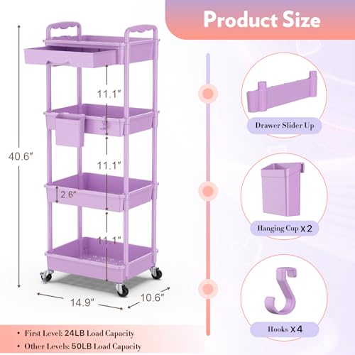 SUNALLY Makeup Cart Organizer with Drawer,4 Tier Rolling Makeup Cart,Purple - color: Purple, size: 4 Tier