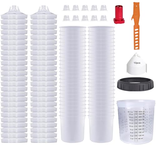 Disposable Paint Sprayer Gun Cup 20 Ounce(600ML) Kit with 50 Cups and Lids System, 1 Hard Cup with Retainer Ring, 10 Plugs and 1 Paint Stirrer for Automotive Commercial Coatings - size: 20 Ounce Kit-50PCS