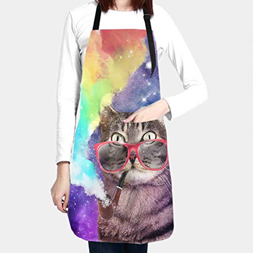 Funny Apron Polyester Grooming Aprons with Pocket for Cooking Kitchen Grilling Adults - color: Smoking Rainbow Cat