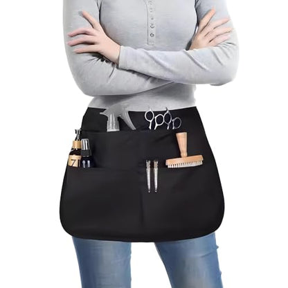 Hair Stylist Apron with 5 Pockets & 2 Loops, Barber Half Waist Apron with Adjustable Belt, Professional Hairdresser Tools Storage Holster Salon Waist Pouch for Hairstylist, Makeup Artist