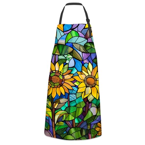 Stained Glass Sunflower Apron for Women Men, Cooking BBQ Chef Polyester Lightweight Floral Mosaic Design Aprons with Pockets for Baking Kitchen Gardening Cleaning, Adjustable, 28×33inch - color: Sunflower29