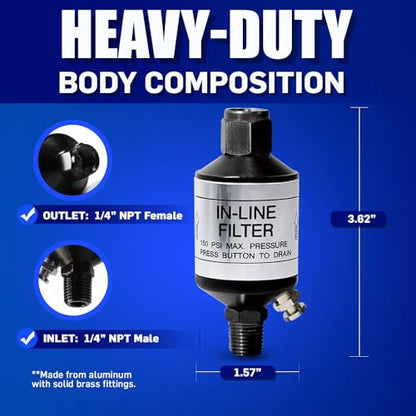LE LEMATEC Moisture Trap & Water Separator for Paint Gun 1/4" NPT - size: 1.6" x 1.6" x 3.6" (With Adapter)