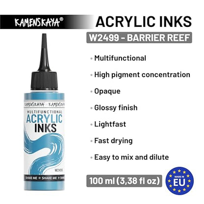 Kamenskaya Acrylic Inks for Artists - 'Barrier Reef' Acrylic Ink, 3.38 Fl Oz (100 ml) | Highly Concentrated, Multifunctional Liquid Acrylic Paint - color: Barrier Reef