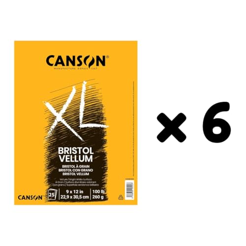 Canson XL Series Vellum Bristol Pad, 9" x 12", White, 100 lb. (260gsm), Top Bound, Fold Over Cover, 25 Sheets/Pad, Case of 6 Pads, 150 Sheets Total - size: 9x12 (Pack of 6), style: Bristol, Vellum