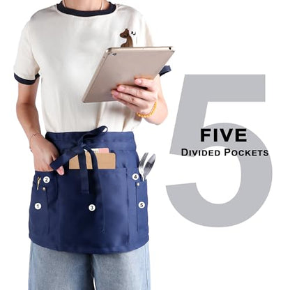 Server Apron with 5 Pockets - Rivet buckle Unisex Short/Half Waiter Waist Short Apron - color: Dark Blue