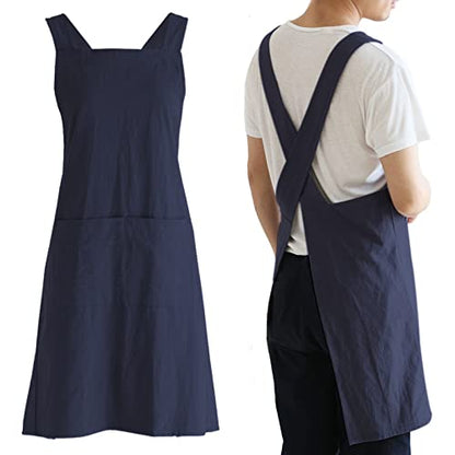 NEWGEM Japanese Cotton Linen Cross Back Cooking Apron for Women Men with Pockets Cute for Baking Kitchen - color: 13 - Men's Navy