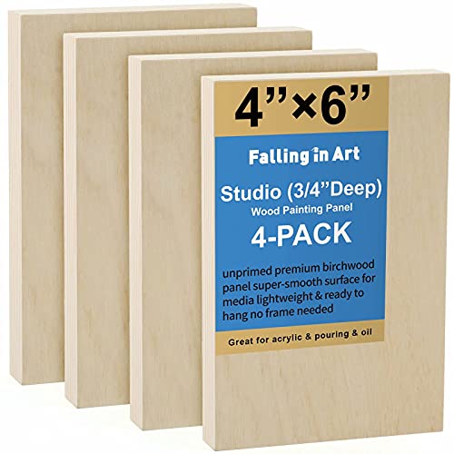 4 Pack 4x6’’ Unfinished Birch Wood Panels Kit for Painting | Studio 3/4’’ Deep Wooden Canvas, Cradle Boards for Acrylic Pouring, Art, Crafts, Epoxy Resin, Laser Engraving Cutting - size: 4'' x 6'' Studio
