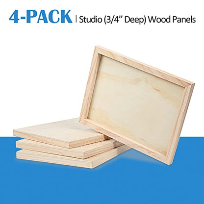 4 Pack 9x12’’ Unfinished Birch Wood Panels Kit for Painting | Studio 3/4’’ Deep Wooden Canvas, Cradle Boards for Acrylic Pouring, Art, Crafts, Epoxy Resin, Laser Engraving Cutting - size: 9'' x 12'' Studio