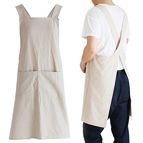 NEWGEM Japanese Cotton Linen Cross Back Cooking Apron for Women Men with Pockets Cute for Baking Kitchen - color: 16 - Men's Khaki