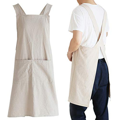NEWGEM Japanese Cotton Linen Cross Back Cooking Apron for Women Men with Pockets Cute for Baking Kitchen - color: 16 - Men's Khaki