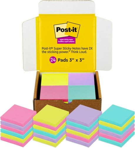 Post-it Super Sticky Notes, 3x3 in, 24 Pads/Pack, 70 Sheets/Pad, Amazon Exclusive Bright Color Collection, Aqua Splash, Acid Lime, Tropical Pink and Iris Infusion (Pack of 8) - size: 7.4" x 6.6" (Pack of 8)