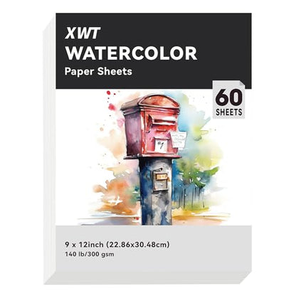 XWT 60 Sheets 9"x12" Watercolor Paper, 140lb/300gsm - size: 9x12in 60 Sheets