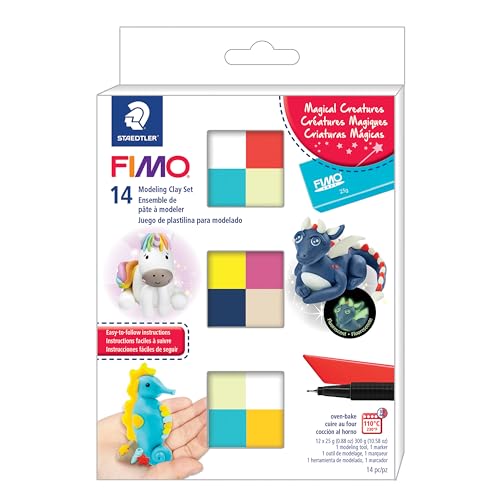 STAEDTLER FIMO Soft Polymer Clay Set: Magical Creatures, 12 Half Blocks, Sculpting Tool and Marker - Oven Bake Modeling Clay, Arts and Crafts for Beginners - style: Magical Creatures