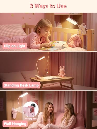 Pink Desk Lamp for Dorm Lamp, 9 Brightness+5 Color Clip on Light, Cute Lamp - color: Pink