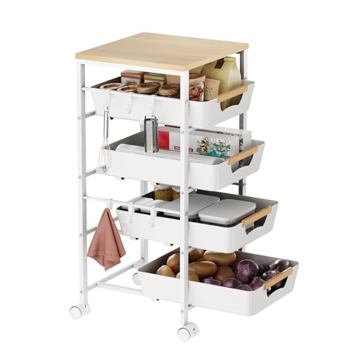5-Tier Kitchen Storage Cart, Wood Top Rolling Cart Organizer with Pull-Out Baskets & Wheels, Metal Snack Cart with Holder for Fruit, Vegetable, Microwave, Kitchen, Pantry, White - color: White, size: 12.8" W × 14.37" D × 32.28" H
