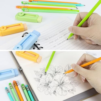 Buqoo 50 PCS Cute Wooden Lead Pencil Pro Art and Sketching Pencil Kit | Comes with 3 Push-Pull Refillable Erasers, Drawing Supplies, Charcoal Pencils, Charcoal Pencils for Drawing - color: Green