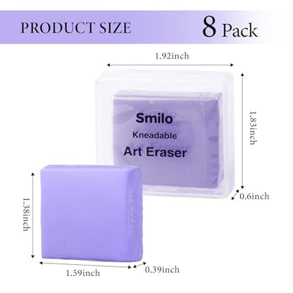 Smilo Kneaded Erasers for Artists, Purple Moldable Putty, 8-Pack | Reusable, Dust-Free and No Smudge, Art Erasers with Storage Case for Charcoal, Graphite, Pencil and Pastel Drawing - color: Purple