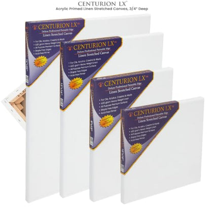 Centurion Deluxe Professional Acrylic Primed Linen Pre-Stretched Canvases, 11oz Linen - 30"x30", Box of 6, 3/4" Deep - Kiln-Dried Stretchers, Back Stapled, Canvas for Painting, Museum Archival Quality