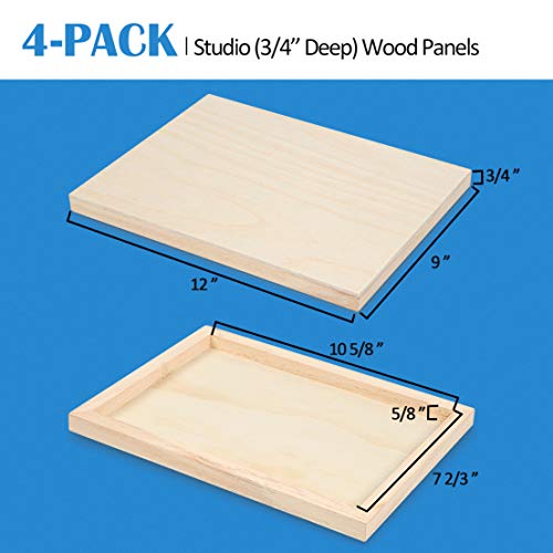 4 Pack 9x12’’ Unfinished Birch Wood Panels Kit for Painting | Studio 3/4’’ Deep Wooden Canvas, Cradle Boards for Acrylic Pouring, Art, Crafts, Epoxy Resin, Laser Engraving Cutting - size: 9'' x 12'' Studio