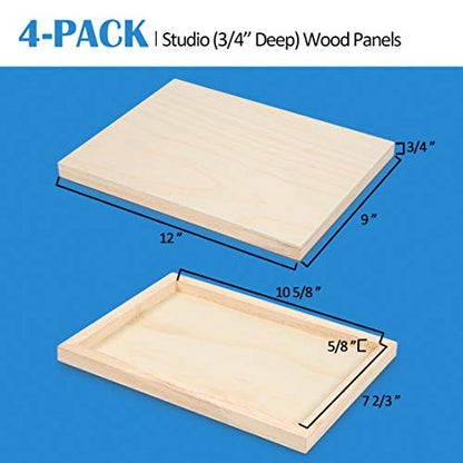 4 Pack 9x12’’ Unfinished Birch Wood Panels Kit for Painting | Studio 3/4’’ Deep Wooden Canvas, Cradle Boards for Acrylic Pouring, Art, Crafts, Epoxy Resin, Laser Engraving Cutting - size: 9'' x 12'' Studio