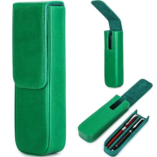 Top Grain Genuine Leather 2 Pen/Pencil Tray Case Holder, Minimalist Fashion Design, Handmade, Magnetic Closing with Drawer Design, Gift Choice for Man/Woman/Office, Glossy Green, 2 Slots - color: Glossy Green, size: 2 Slots -【Magnetic Closure】
