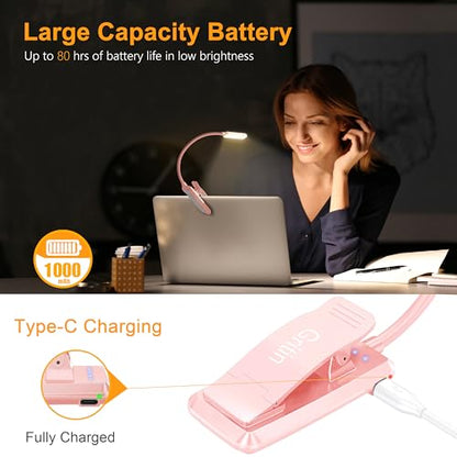 Gritin 9 LED Rechargeable Book Light for Reading in Bed | Eye Caring 3 Color Temps,Stepless Dimming Brightness,80 Hrs Runtime Small Lightweight Clip On Book Reading Light-Pink - color: Pink