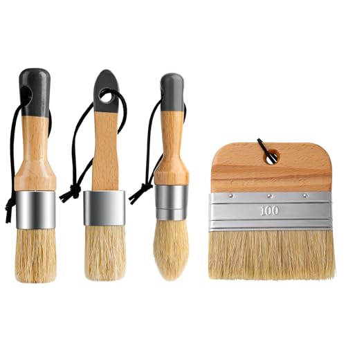 Mister Rui Chalk Wax Paint Brush, 4pcs, Chalk Paint Brushes for Furniture | Flat Pointed and Round Brush with Natural Bristles for Chalk Paint and Wax, All in One Paint Stencil Brushes, No Shedding