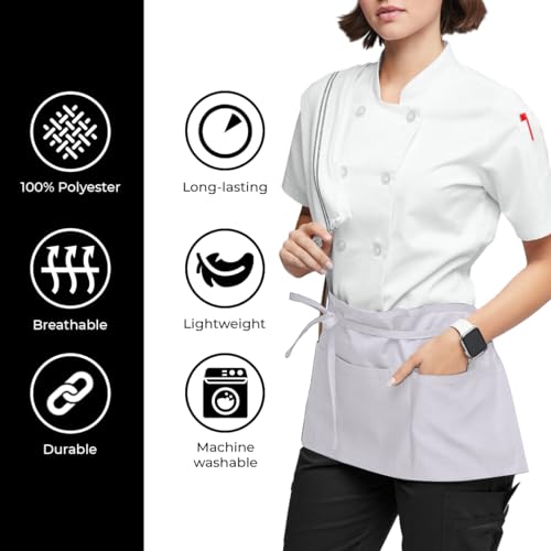 Avalon Kitchen Server Aprons with 3 Pockets – 100% Polyester Waist Apron, 24x12 Inch Half Apron, Waitress Apron for Servers - color: White, style: Pack of 1