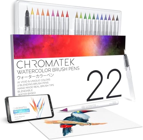 CHROMATEK 22 Watercolor Pens Set | 2 Aquapens & 20 Unique Colors | Brush Pens | Easily Blendable, Vivid, Smooth | Professional Art Supplies - style: 22 Pen Set