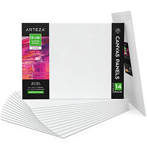 ARTEZA Canvas Boards for Painting, 12 x 16 Inches, Pack of 14, Blank White Canvas Panels for Acrylic, Oil and Gouache Painting - size: 12"x16"