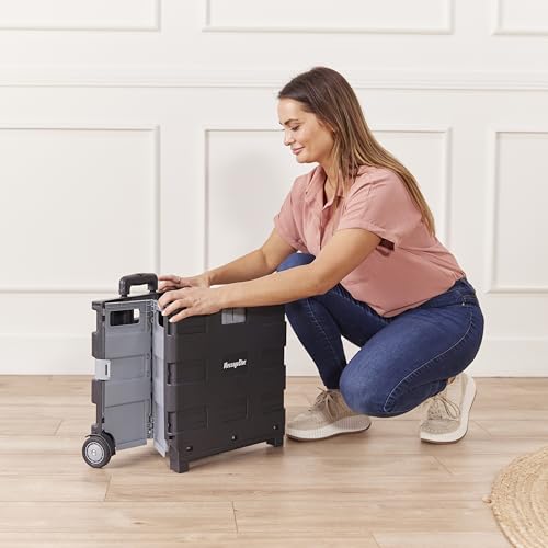 ECR4Kids Universal Collapsible Rolling Utility Storage Cart, Black | Durable plastic, adjustable handle, 40 lb capacity, collapses to 3" thick for storage, rolling wheels for easy transport