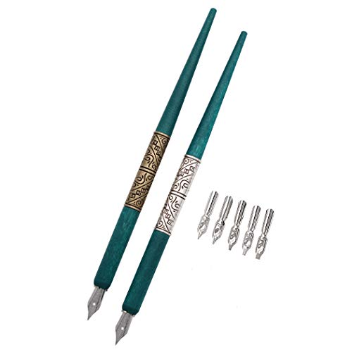 Professional Manga Gothic Pen Dip Pen Calligraphy Drawing Pen Kit, 2 Pen Holders Handles, 7 Nibs (2 Fountain Pen Nib, 5 Flat Nib) - Silver and Bronze - color: Silver and Bronze