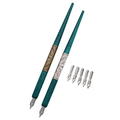 Professional Manga Gothic Pen Dip Pen Calligraphy Drawing Pen Kit, 2 Pen Holders Handles, 7 Nibs (2 Fountain Pen Nib, 5 Flat Nib) - Silver and Bronze - color: Silver and Bronze