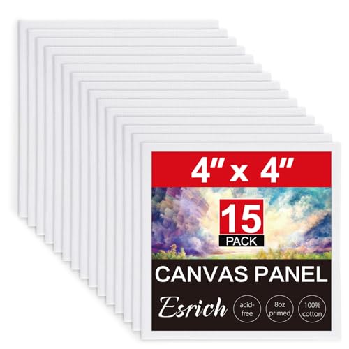 ESRICH Canvas Boards for Painting, 15 Pack Canvases 4x4 100% Cotton Small Paint Canvas Primed Acid Free Mini Blank Canvas Panels for Oil, Watercolor, Acrylic, Gouache & Tempera - size: 4*4in 15pack