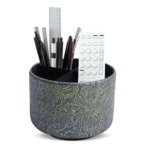 Round Leather Art Supply Organizer,Remote Control Holder,360 Degree Spinning,Multi-Functional Pencil Holder,4 Compartments Desktop Stationary Organizer(1-Carved Metal Green2) - color: 1-Carved Metal Green2