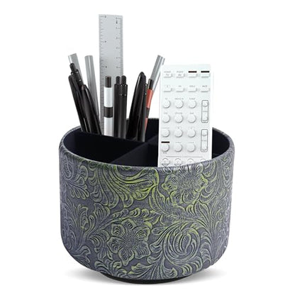Round Leather Art Supply Organizer,Remote Control Holder,360 Degree Spinning,Multi-Functional Pencil Holder,4 Compartments Desktop Stationary Organizer(1-Carved Metal Green2) - color: 1-Carved Metal Green2