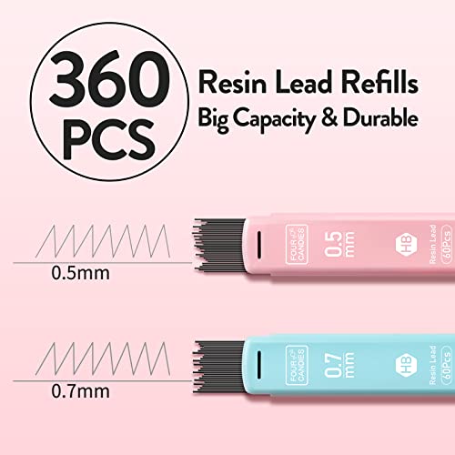 Four Candies Cute Mechanical Pencil Set, 6-Pack 0.5/0.7mm | 360 Lead Refills, 3 Erasers, 9 Eraser Refills, Storage Case, Back to School Supplies for Girls, Pastel Aesthetic Stationery - style: 0.5mm + 0.7mm