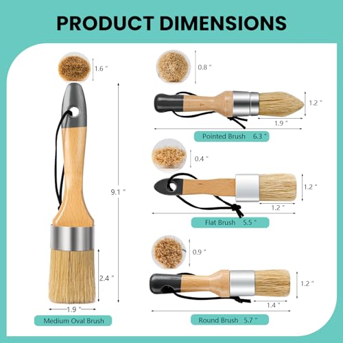 Mister Rui Chalk Wax Paint Brush 4 pcs, Large Wax Brush for Furniture | Natural Bristles Stencil Paint Brushes for All in One Paint, Acrylic Paint, Cabinets for Home Decor, Art Crafts, No Shedding - size: 4PCS, 1 Medium, 3 Small