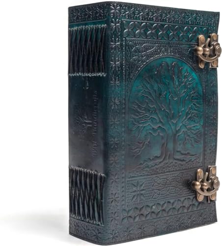 600 Pages Handmade Large Leather Journal Diary Embossed Tree of Life Book Of Shadows Notebook Writing Grimoire Sketchbook 7 x 10 Leather Bound (Green) - color: Green